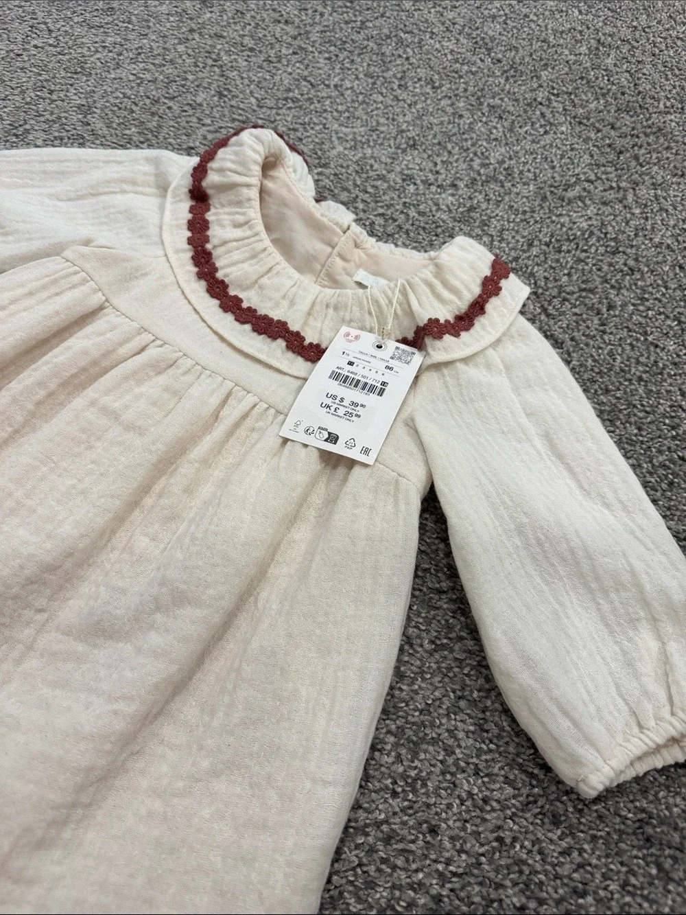 Zara Cream Girls' Dress with Brown Trim